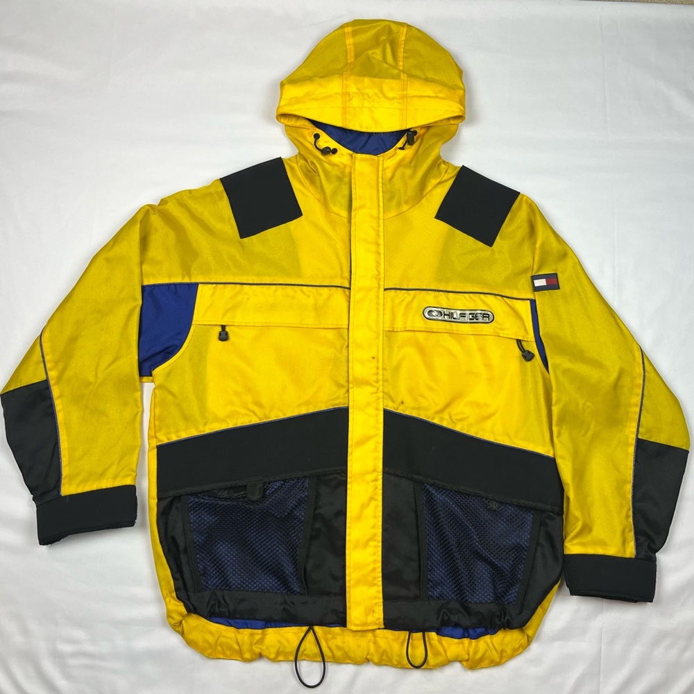 Vtg Tommy Hilfiger Mens Expedition Sailing Jacket XL 90s Hooded Yellow Tech